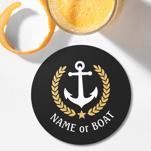 Your Boat Name Anchor Gold Laurel Star Black Round Paper Coaster (Creator Uploaded)