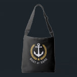 Your Boat Name Anchor Gold Style Laurel Black Crossbody Bag<br><div class="desc">A stylish cross-body tote bag with your personalised name, boat name or other desired text. Features a custom designed nautical boat anchor with gold style laurel leaves and star on black. Easily customise the base colour to match your current decor or theme. Reusable and great for vacation, shopping and travelling....</div>