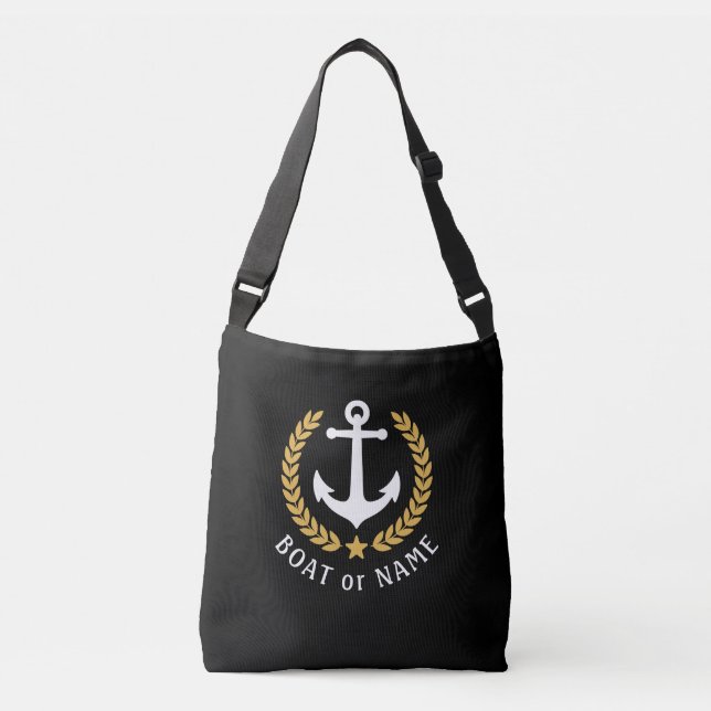 Your Boat Name Anchor Gold Style Laurel Black Crossbody Bag (Front)
