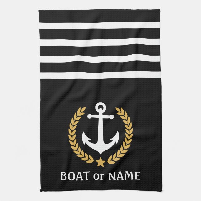 Your Boat Name Anchor Gold Style Laurel Black Tea Towel (Vertical)