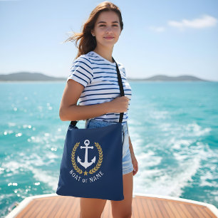 Your Boat Name Anchor Gold Style Laurel Blue Crossbody Bag