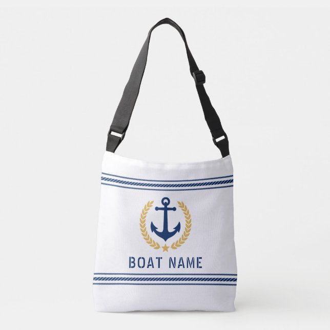 Your Boat Name Anchor Gold Style Laurel Rope White Crossbody Bag (Front)