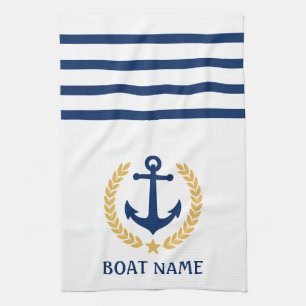 Your Boat Name Anchor Gold Style Laurel White Tea Towel