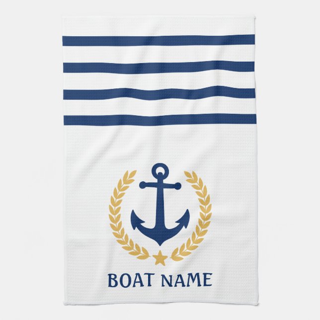 Your Boat Name Anchor Gold Style Laurel White Tea Towel (Vertical)