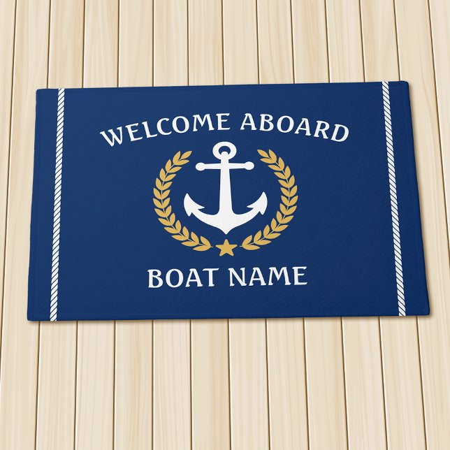 Your Boat Name Anchor Laurel Welcome Aboard Navy Doormat (Several sizes to choose from.)