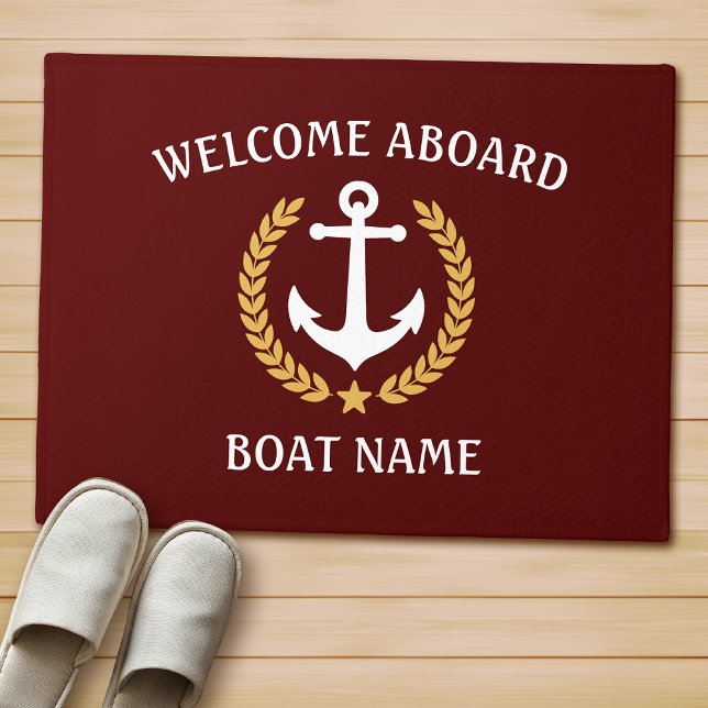 Your Boat Name Anchor Laurel Welcome Aboard Red Doormat (Several sizes to choose from.)