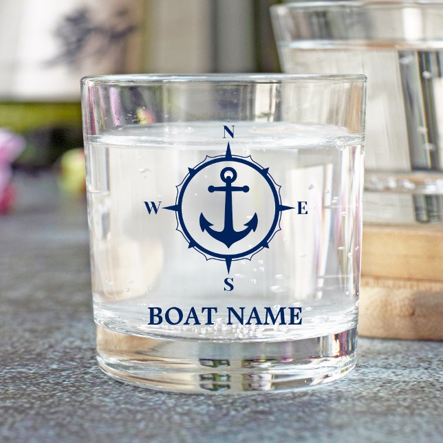 Your Boat Name Anchor Nautical Compass Navy Blue Whiskey Glass (Creator Uploaded)