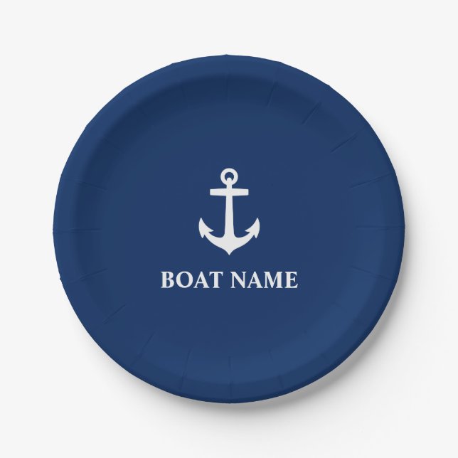 Your Boat Name Anchor Navy Blue 7" Paper Plate (Front)