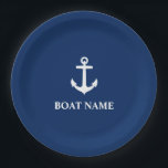 Your Boat Name Anchor Navy Blue 9" Paper Plate<br><div class="desc">Your Boat Name Navy Blue and White Anchor Paper Plate</div>