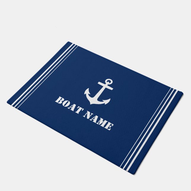 Your Boat Name Anchor Navy Blue Entryway Doormat (Angled)