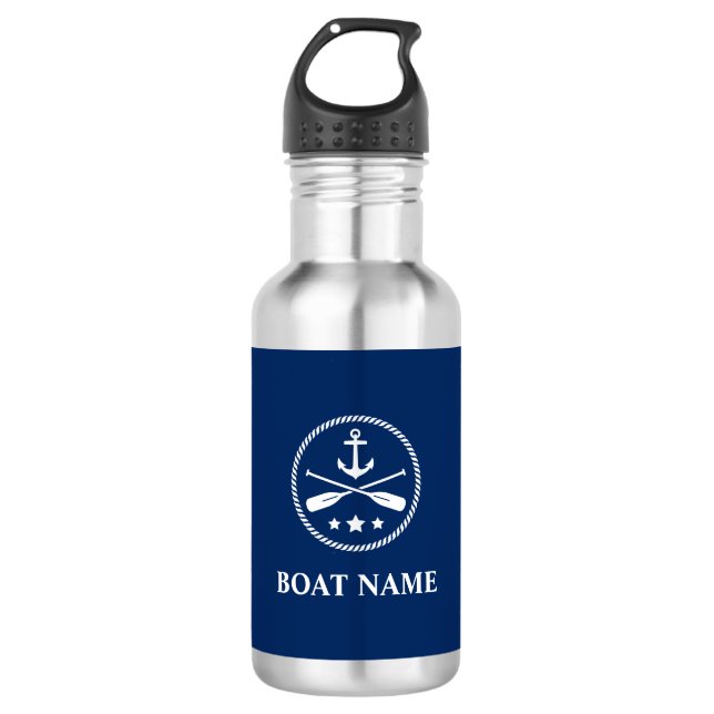 Your Boat Name Anchor & Oars Navy Blue 532 Ml Water Bottle (Front)
