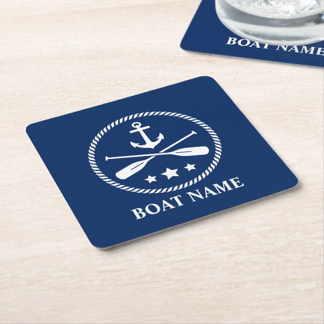 Your Boat Name Anchor Oars & Stars Navy Blue Square Paper Coaster (Angled)