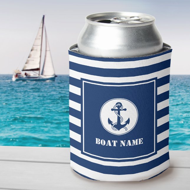 Your Boat Name Anchor & Rope Blue Striped Can Cooler (Creator Uploaded)