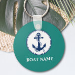 Your Boat Name Anchor & Rope Key Ring<br><div class="desc">A personalised nautical themed keychain with your boat name, family name or other desired text. This unique design features a custom made boat anchor emblem with rope in classic navy blue and accented on a chic white circle all on a background of beautiful teal blue. If needed, background colour can...</div>