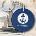 Your Boat Name Anchor & Rope Navy Blue 2 Sided Key Ring<br><div class="desc">A double sided, personalised nautical themed acrylic keychain with your boat name, family name, captain or other desired text. This unique design features a custom made boat anchor emblem with rope in classic navy blue and accented on a chic white circle all on a background of navy blue. If needed,...</div>