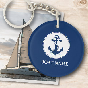 Your Boat Name Anchor & Rope Navy Blue 2 Sided Key Ring