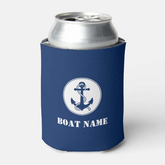 Your Boat Name Anchor & Rope Navy Blue Can Cooler (Can Front)