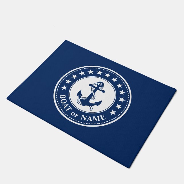 Your Boat Name Anchor Stars Navy Blue White Doormat (Angled)