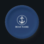 Your Boat Name Anchor With Rope Navy Blue 7" Paper Plate<br><div class="desc">Your Boat Name Navy Blue and White Anchor With Rope Paper Plate</div>