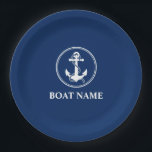 Your Boat Name Anchor With Rope Navy Blue 9" Paper Plate<br><div class="desc">Your Boat Name Navy Blue and White Anchor With Rope Paper Plate</div>