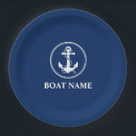 Your Boat Name Anchor With Rope Navy Blue 9" Paper Plate<br><div class="desc">Your Boat Name Navy Blue and White Anchor With Rope Paper Plate</div>