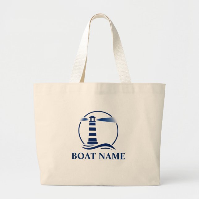 Your Boat Name Blue Classic Lighthouse Grocery Large Tote Bag (Front)