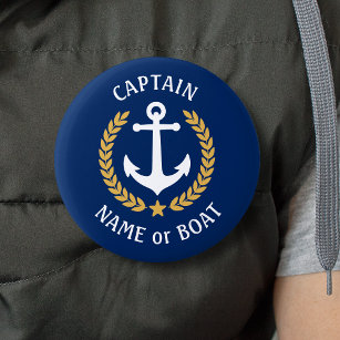 Your Boat Name Captain Anchor Gold Laurel Navy 6 Cm Round Badge