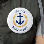 Your Boat Name Captain Anchor Gold Laurel White 6 Cm Round Badge<br><div class="desc">A Personalized Button with your boat name, family name or other desired text and Captain title or other rank as needed. Featuring a custom designed nautical boat anchor, gold style laurel leaves and star emblem on white or easily adjust the primary color to match your current theme. Makes a great...</div>
