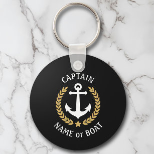 Your Boat Name Captain Anchor Laurel Navy Black Key Ring