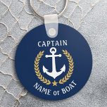 Your Boat Name Captain Anchor Laurel Navy Blue Key Ring<br><div class="desc">A Personalized Keychain with your boat name, family name or other desired text and Captain title or other rank as needed. Featuring a custom designed nautical boat anchor, gold style laurel leaves and star emblem on navy blue or easily adjust the primary color to match your current theme. Makes a...</div>