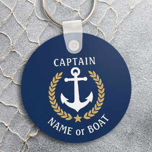 Your Boat Name Captain Anchor Laurel Navy Blue Key Ring