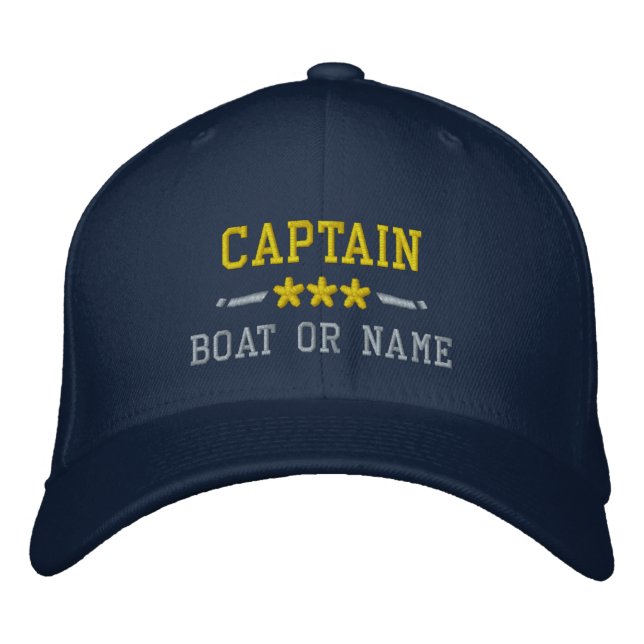 Your Boat Name Captain Nautical Stars Gold Silver Embroidered Hat (Front)