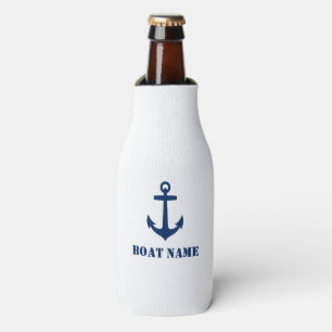 Your Boat Name Classic Anchor Navy Blue & White Bottle Cooler