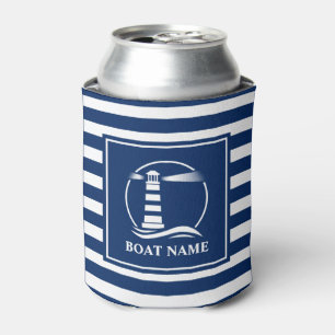 Your Boat Name Classic Lighthouse Navy Striped Can Cooler