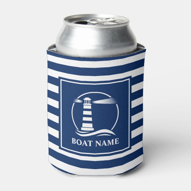 Your Boat Name Classic Lighthouse Navy Striped Can Cooler (Can Front)