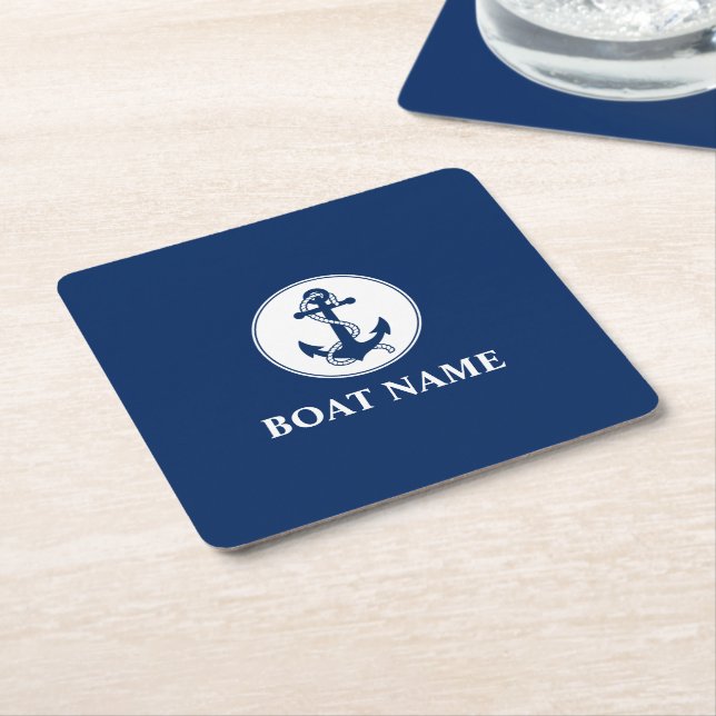 Your Boat Name Classic Rope & Anchor Blue Square Paper Coaster (Angled)