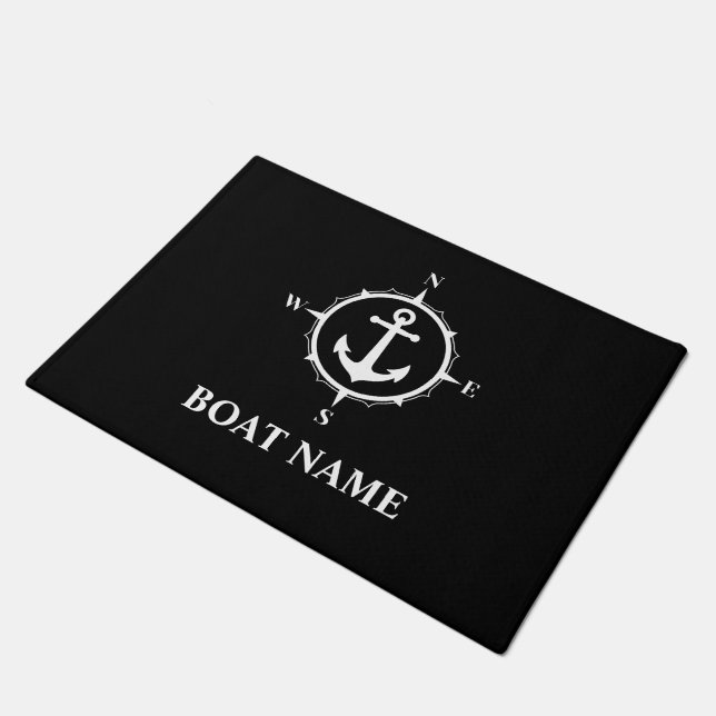 Your Boat Name Compass Anchor Black Doormat (Angled)