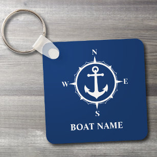 Your Boat Name Compass Anchor Blue Key Ring