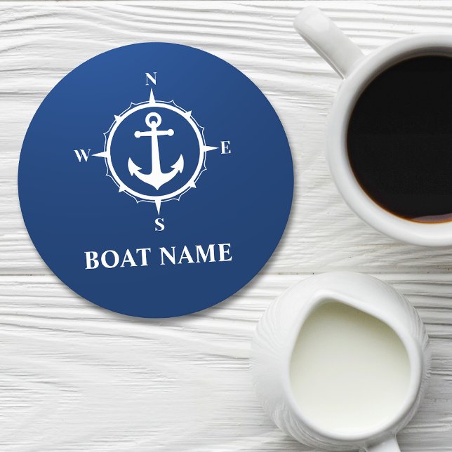 Your Boat Name Compass Anchor Blue Round Paper Coaster (Creator Uploaded)