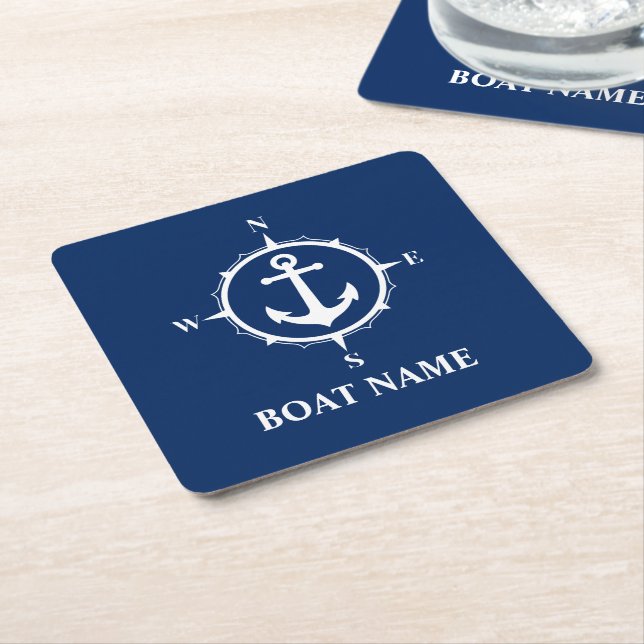 Your Boat Name Compass Anchor Blue Square Paper Coaster (Angled)