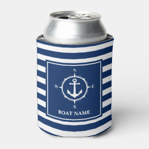 Your Boat Name Compass Anchor Blue Stripes Can Cooler