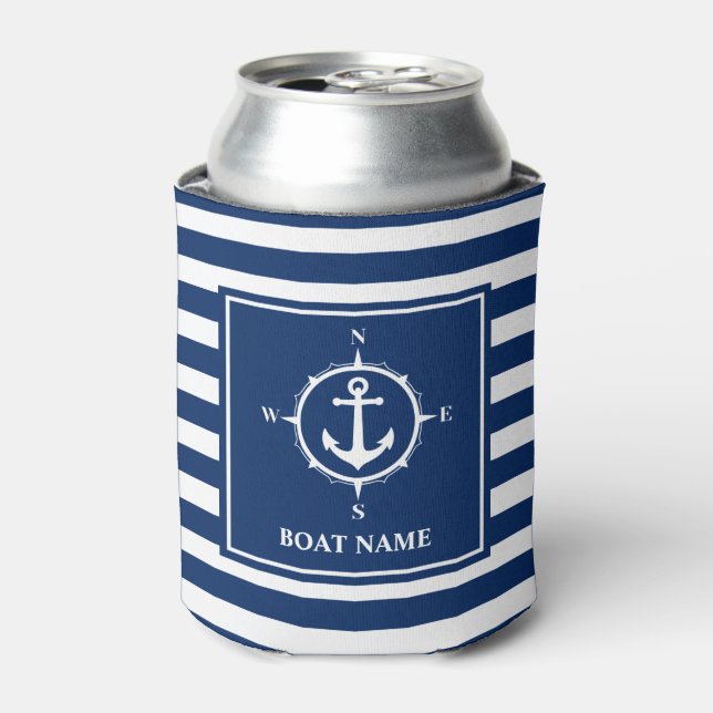 Your Boat Name Compass Anchor Blue Stripes Can Cooler (Can Front)