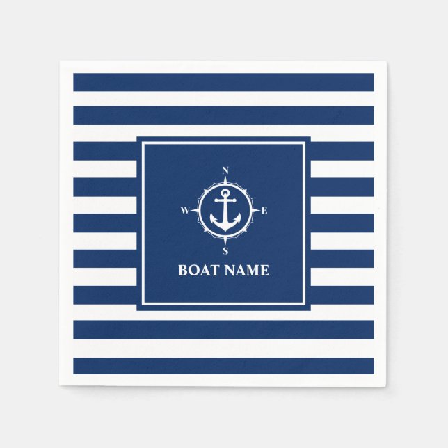 Your Boat Name Compass Anchor Blue Stripes Napkin (Front)