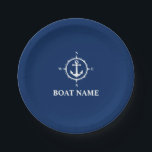 Your Boat Name Compass Anchor Navy Blue 7" Paper Plate<br><div class="desc">Your Boat Name Navy Blue and White Compass Anchor Paper Plate</div>