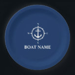 Your Boat Name Compass Anchor Navy Blue 9" Paper Plate<br><div class="desc">Your Boat Name Navy Blue and White Compass Anchor Paper Plate</div>