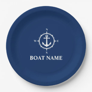 Your Boat Name Compass Anchor Navy Blue 9" Paper Plate