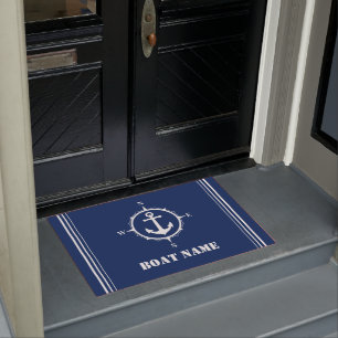 Your Boat Name Compass Anchor Navy Blue Entryway Doormat