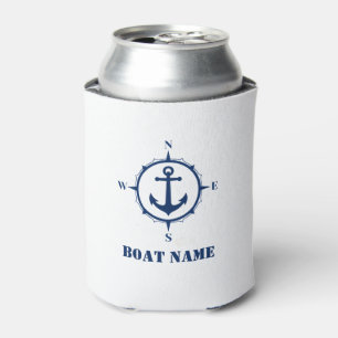 Your Boat Name Nautical Anchor Compass Navy white Can Cooler