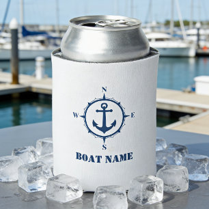 Your Boat Name Nautical Anchor Compass Navy white Can Cooler