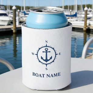 Your Boat Name Nautical Anchor Compass Navy white Can Cooler